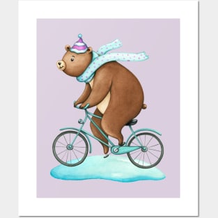 Happy brown bear on a bicycle Posters and Art